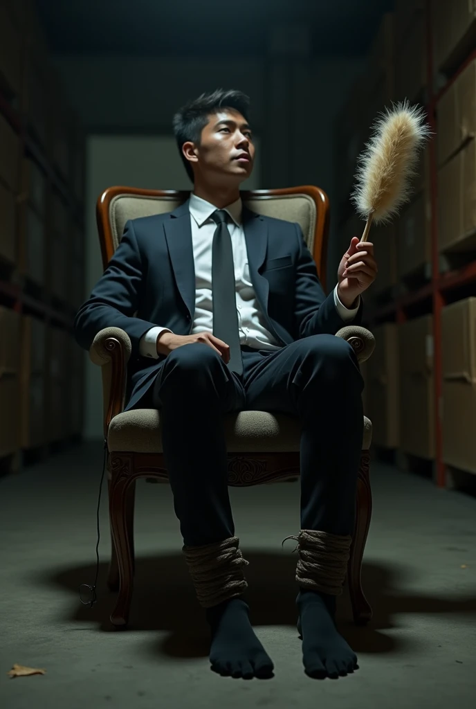 Malay  handsome  25 years university student
Being tied up on the chair in warehouse
Suit and tie 
Bare feet
Black sock feet on desk
5 toes each feet 
He's ticklish
Focus on his feet 
A man tickle his sock feet
His black sockfeet tickle by feather duster
He laugh 