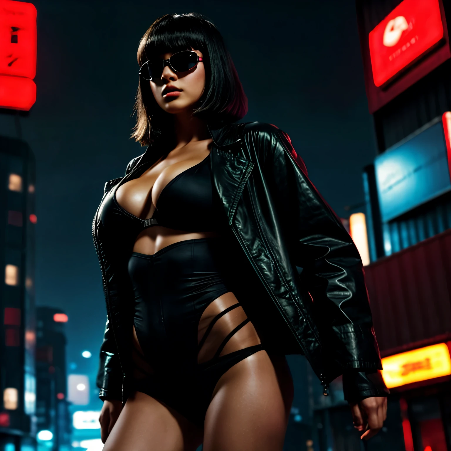 Blade Runner style futuristic Tokyo city, flying cars, neon lights, rainy night. (1girl, solo, alone), large-breast:1.2 slim:0.9 body, oval:0.8 face, cleavage:1.1, sexy laced lingerie, low angle view of miniskirt, jacket, (black micro sunglasses), (holding a short gun), half-body thigh level medium shot, cinematic lighting, ray tracing.
