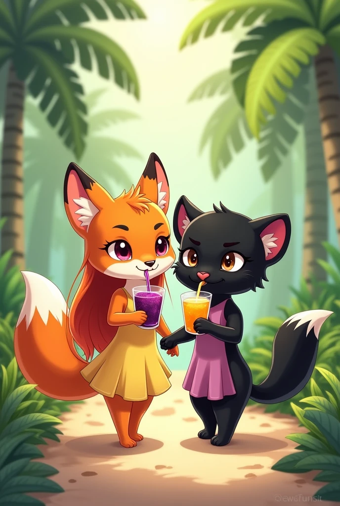 Cute anthropomorphic orange fox of small stature in a dark beige full-length sundress with a dark beige belt. The fox has long orange hair that reaches the floor.. Fox shoes white sneakers. The fox holds a glass of grape cocktail with a straw in its paw. Next to her is a cute anthropomorphic black panther the size of a fox., The panther has blue eyes. The panther has a hairstyle of two long ponytails. The panther is dressed in a short blue sundress with white polka dots. Panther shoes blue sneakers. Panther holds a glass of mango cocktail with a straw in its paw. They walk holding paws along a path in a palm forest..