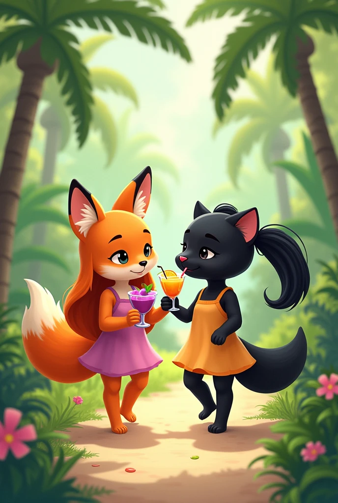 Cute anthropomorphic orange fox of small stature in a dark beige full-length sundress with a dark beige belt. The fox has long orange hair that reaches the floor.. Fox shoes white sneakers. The fox holds a glass of grape cocktail with a straw in its paw. Next to her is a cute anthropomorphic black panther the size of a fox., The panther has blue eyes. The panther has a hairstyle of two long ponytails. The panther is dressed in a short blue sundress with white polka dots. Panther shoes blue sneakers. Panther holds a glass of mango cocktail with a straw in its paw. They walk holding paws along a path in a palm forest..