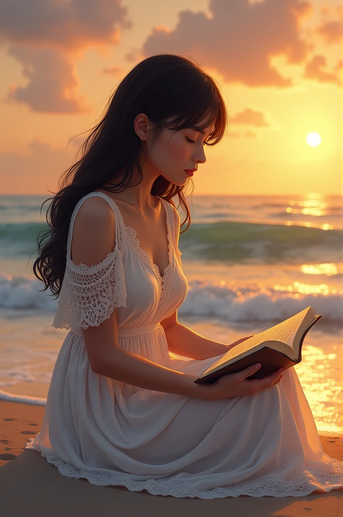 A tall, chubby, white woman with straight, black hair, honey eyes, a small mouth, wearing a white lace dress, sitting on the beach at sunset, reading the Bible. 