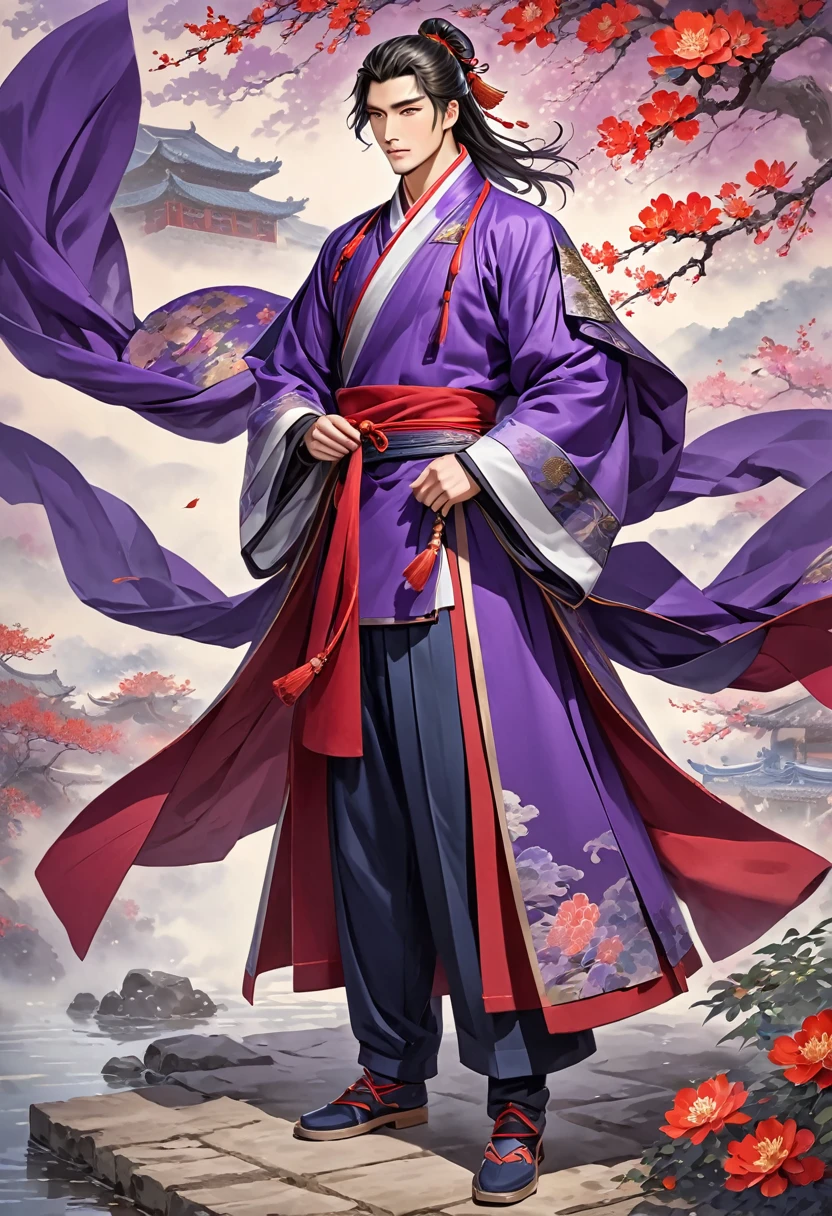 Romance of the Three Kingdoms Zhou Yu, handsome, Full body exposed, Clothes made of a coat, clothes made only of cloth, youth, Purple colored clothes