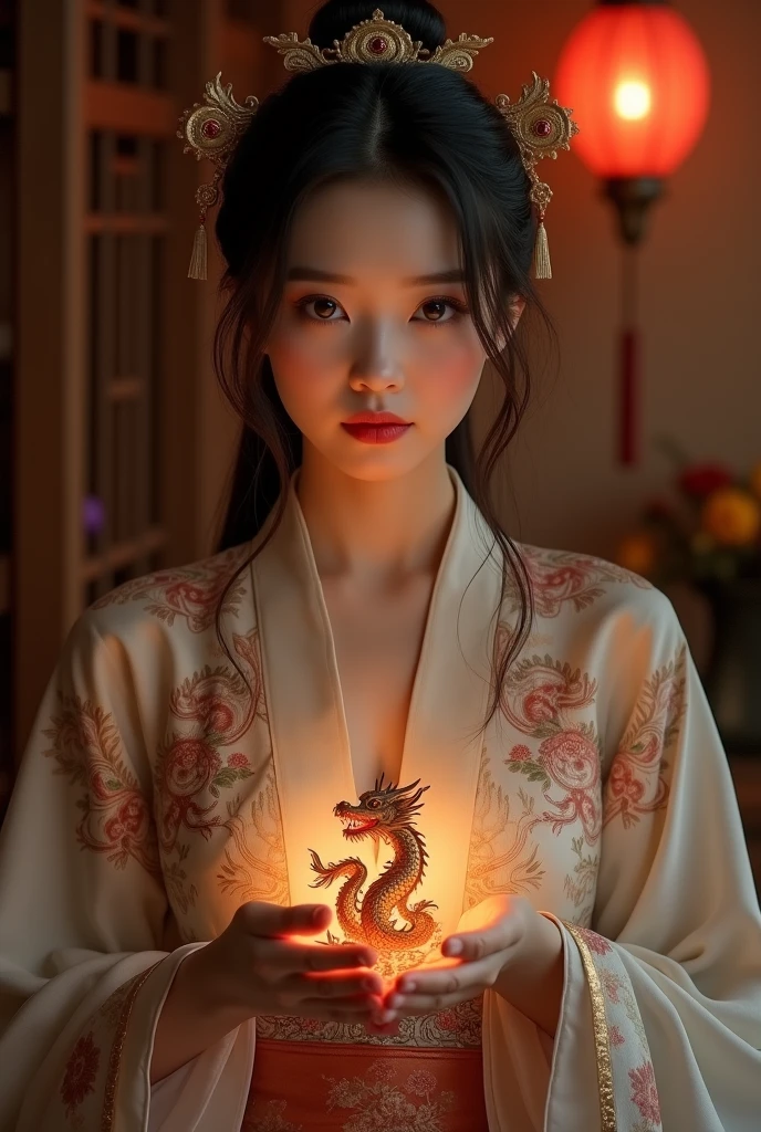 Photoshot of beautiful sexy hot woman wearing Hanfu, the most unique Chinese clothing. Sedang di kamar sambil megang hewan naga kecil