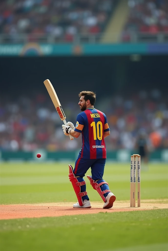 Messi is bating the small cricket ball with the bat