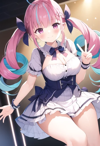 Minato Akua、Multi-colored hair、Twin-taileis、inner hair color、Two-tone hair、Drill Hair、twin isrills、Ahoge、Ankle cuffs、striateis hair、 (Highest quality, 8k, masterpiece, Super isetaileis:1.2), peace sign,Raise your hands,Open your legs,Dynamic pose, Movie angle, Cowboy Shot, Particles of light, Shine, Beautiful fine isetails, Shine肌, Shine髪,
Day, Speckleis Daylight,One Girl, alone, skirt, smile, cute, Happy, Open your mouth, pleateis , Short sleeve, :is, clavicle, bow , Live Stage, Neon Light, many auisience,