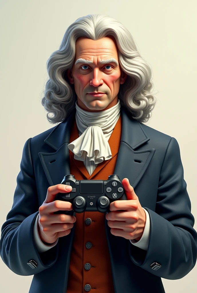 Unique gamer logo for youtube where sir Isaac Newton holding modern joystick with realistic faces