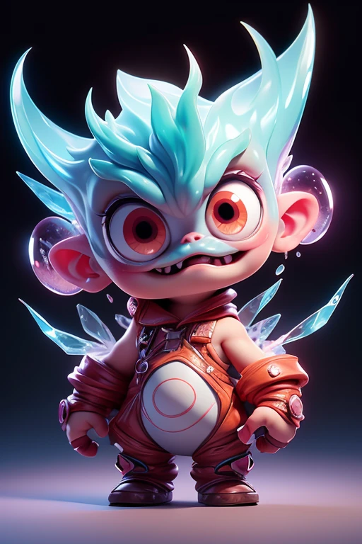 Create a monster image, a small, big-headed, baby monster.. The body is transparent and can be seen through. The image is sharp and detailed., with beautiful colors.. With arms, leg, eyes, mouth, พื้นหลังสีlegว