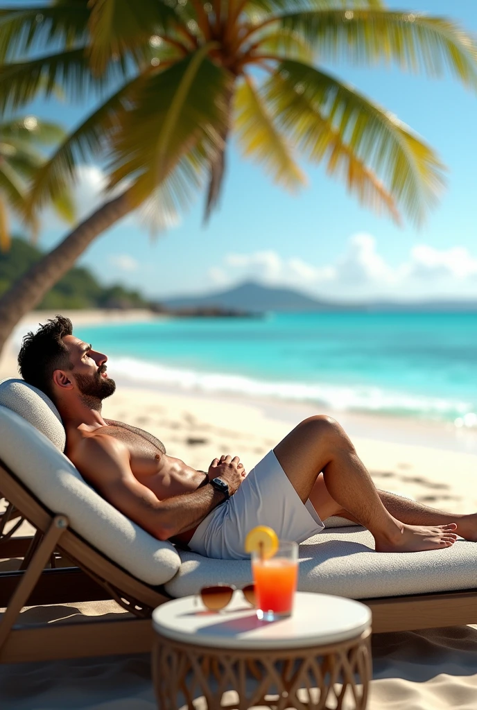 Messi is laying in a luxury sea beach