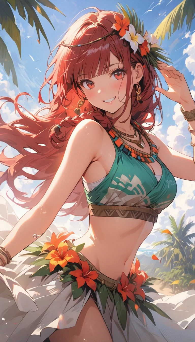 1girl, (((red hair, hime haircut, long hair))), brown eyes, (highest quality, 8k, 4k, High resolution, masterpiece:1.2), Super detailed, anime style:0.9, photorealistic, Bright colors, Depth of the bounds written, blurred background, cowboy_shot, alone,  beautiful face details, beautiful eyes, long eyelashes, soft lips, (small face), (smile:1.3), Rear view, Pose with movement, slim body, 
BREAK
//Fashions 
Polynesian Hula Costume,
Transport yourself to the islands of Polynesia with a traditional hula costume, perfect for festive tribal celebrations, Start with a grass skirt or pareo in natural or vibrant hues, adorned with floral or tribal prints, Pair it with a fitted crop top or bikini top featuring similar motifs for a cohesive look, 
BREAK
Accessorize with flower leis worn around your neck and wrists, along with a floral crown or headband, Add shell or bead jewelry, such as necklaces, bracelets, and anklets, to enhance the tropical vibe, Style your hair in loose waves or braids adorned with flowers or tropical foliage, Finish the look with barefoot sandals or flat sandals adorned with flower embellishments, This costume captures the essence of Polynesian culture and the joyous spirit of tribal celebrations like luaus and hula festivals,
BREAK
