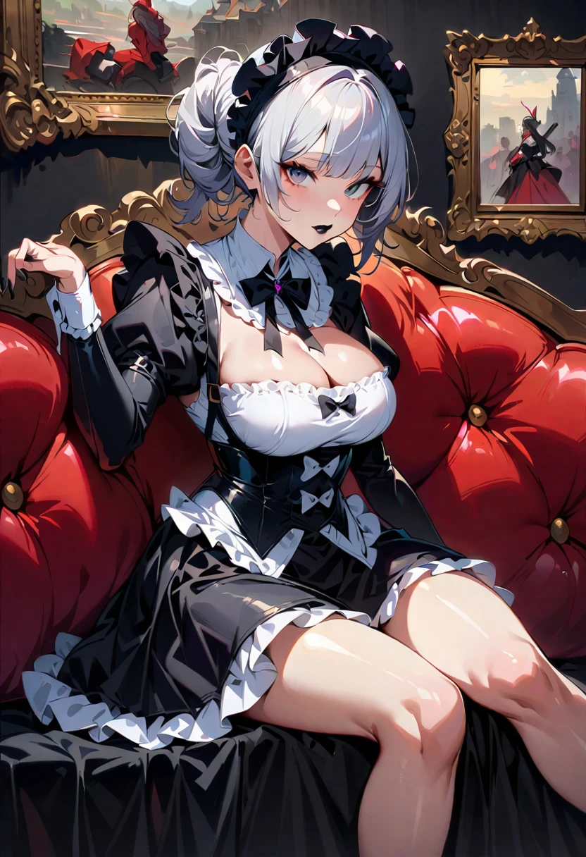 Young beautiful woman,(Highest quality,Extremely detailed depiction,Incredibly absurd high resolution,Anatomically accurate depiction,Curvy Legs,Shiny skin,Porcelain-like skin),(Black and white gothic maid outfit,Maid Skirt,corset,black tights,High heels),eyelash,(Silver Hair,Black Eyes,Crazy Eyes,Eyes half closed:1.5,Boring look,Large Breasts,Glossy black lips:1.1,Heavy makeup,Purse your lips,Condescending Gaze,sitting on the sofa with one&#39;s knees up),Sweat:0.8,(whole body),background:Night room,Purple light,From below:1.5