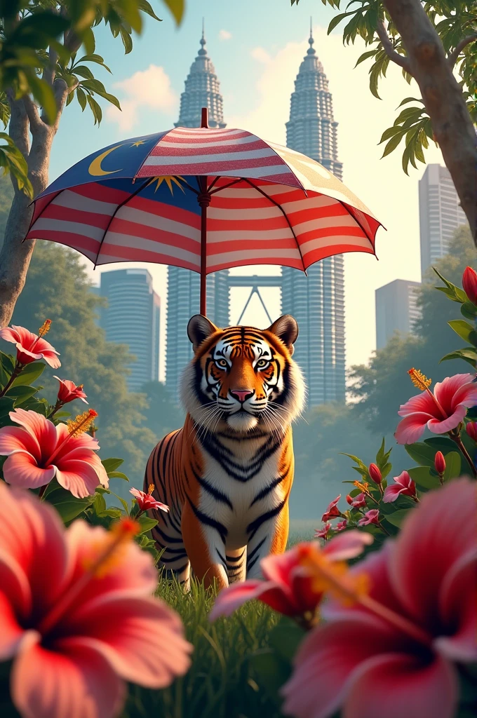 Umbrella with malaysian flag, hibiscus, klcc tower, tiger.