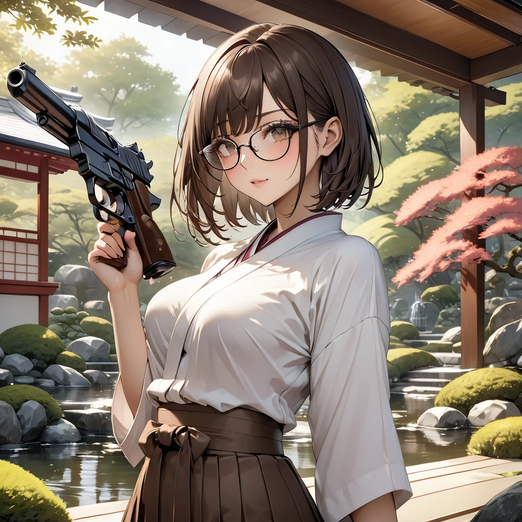 High resolution, masterpiece, 最high quality, Very detailed, high quality, Textured skin, Bob Hair, Brown Hair, Natural look,Sparkle Effect, far and near method, Frameless Glasses, chest, A girl with a gun, Hakama,Japanese garden