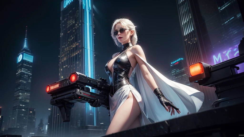(Wide angle view). Matrix film inspired New York city, simple outlined neon tall buildings, glowing giant clock tower, year 1937 cars, lightning, 3D rendering Beeple. At night, (1girl, solo, alone), photorealistic, medium-breast slim:0.6 body, oval:0.5 face, cleavage:1.1, very low angle view of sexy ethereal white dress, deep-v, ((upskirt)), glove, (Matrix style black micro sunglasses), ((aiming viewer with a short gun)), (half-body thigh level close-up shot), cinematic lighting, ray tracing.