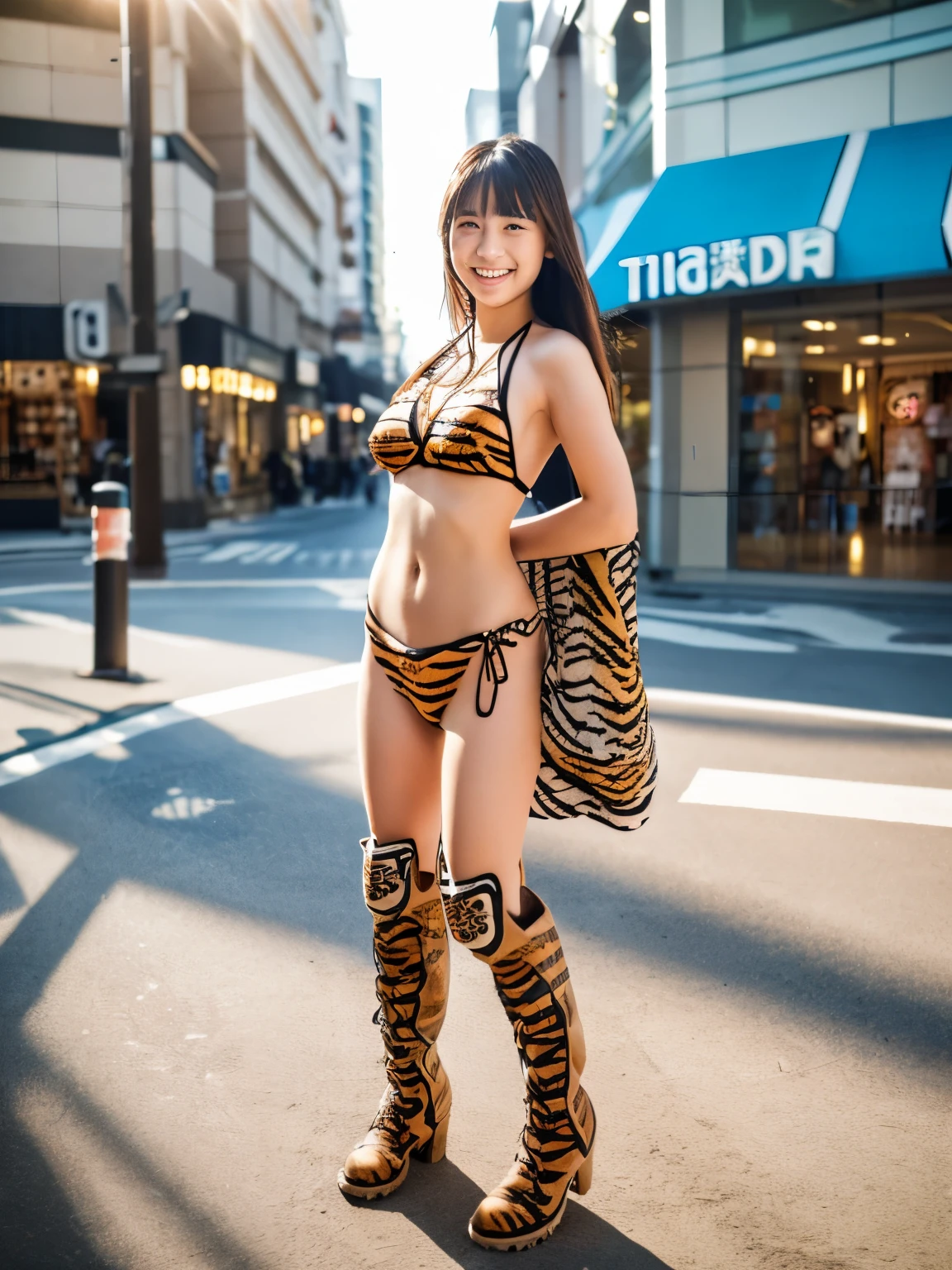 A very cute face, like a top Japanese idol、Small face、A 20-year-old woman who looks young.、Smiling Kindly、(((Tiger print bikini and tiger print boots)))、((whole body))、Walking around a brand mall in the city、High level of artistry、Natural light、Highest quality