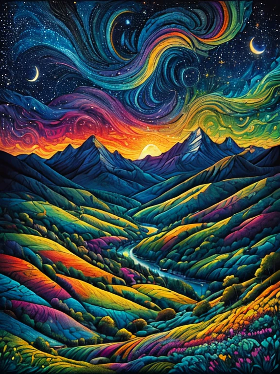 Masterpiece, Best composition, Dynamic composition, Colorful landscape painting, Milky Way with starry sky and moon, Psychedelic landscape, Vivid oil painting, Vivid abstract landscape, Color field painting. 8K, stunning colorful landscape, detailed impasto, colorful oil painting, colorful sky, large colorful image.