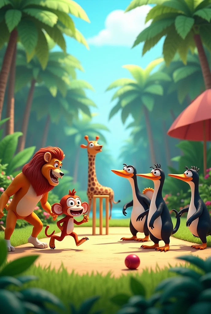 In cinematic 3d cartoon style"A lively jungle scene where various animals are playing a cricket match"