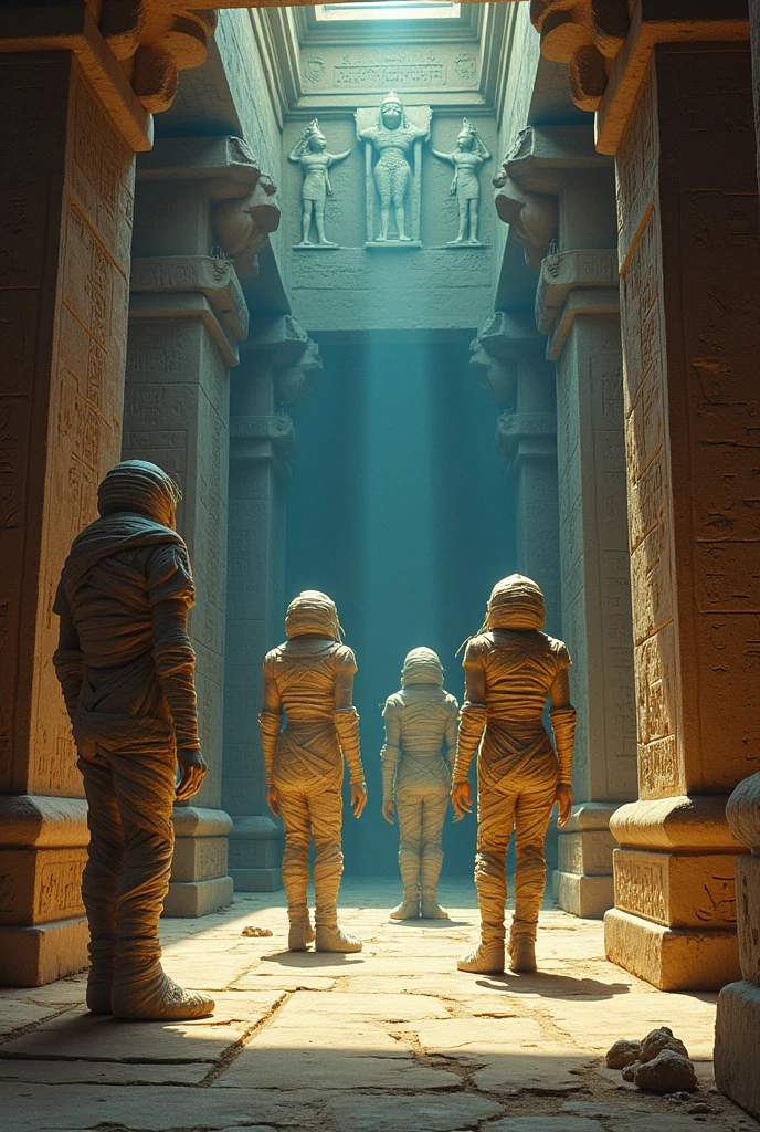 ((ambiance hypnotique)), Deux momies égyptiennes à l’intérieur d’une pyramide, Deux hommes qui ont l’air de danser, (effet psychédélique), paysage de l'Egypte antique, représentation des dieux egyptiens,