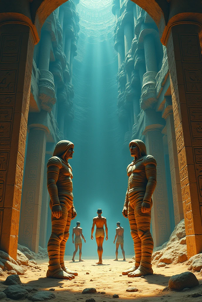 ((ambiance hypnotique)), Deux momies égyptiennes à l’intérieur d’une pyramide, Deux hommes qui ont l’air de danser, (effet psychédélique), paysage de l'Egypte antique, représentation des dieux egyptiens,