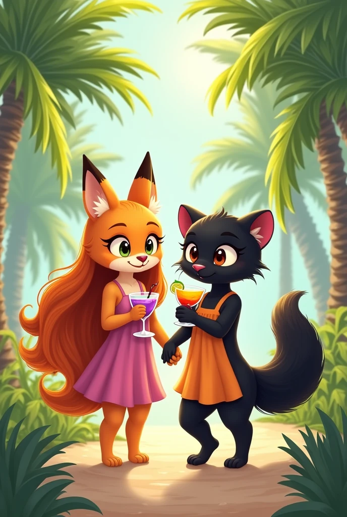 Cute anthropomorphic orange fox of small stature in a dark beige full-length sundress with a dark beige belt. The fox has long orange hair that reaches the floor.. Fox shoes white sneakers. The fox holds a glass of grape cocktail with a straw in its paw. Next to her is a cute anthropomorphic black panther the size of a fox., The panther has blue eyes. The panther has a hairstyle of two long ponytails. The panther is dressed in a short blue sundress with white polka dots. Panther shoes blue sneakers. Panther holds a glass of mango cocktail with a straw in its paw. They walk holding paws along a path in a palm forest..