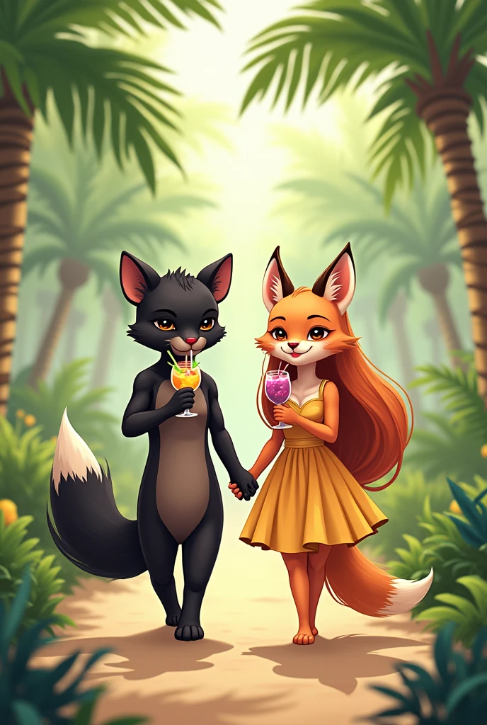 Cute anthropomorphic orange fox of small stature in a dark beige full-length sundress with a dark beige belt. The fox has long orange hair that reaches the floor.. Fox shoes white sneakers. The fox holds a glass of grape cocktail with a straw in its paw. Next to her is a cute anthropomorphic black panther the size of a fox., The panther has blue eyes. The panther has a hairstyle of two long ponytails. The panther is dressed in a short blue sundress with white polka dots. Panther shoes blue sneakers. Panther holds a glass of mango cocktail with a straw in its paw. They walk holding paws along a path in a palm forest..