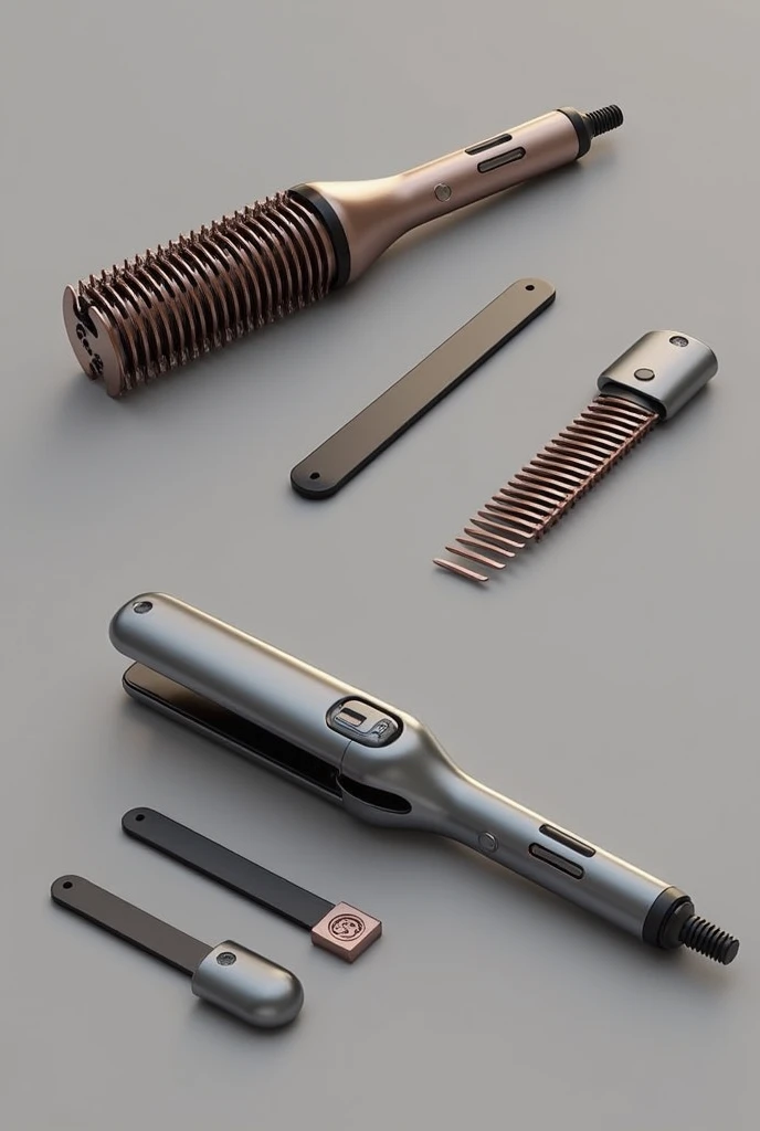 A fantastic multifunctional comb that can straightening, curling, hair dyeing, it can change the top part to match different jobs. It has three different button. Three different spare-part aside