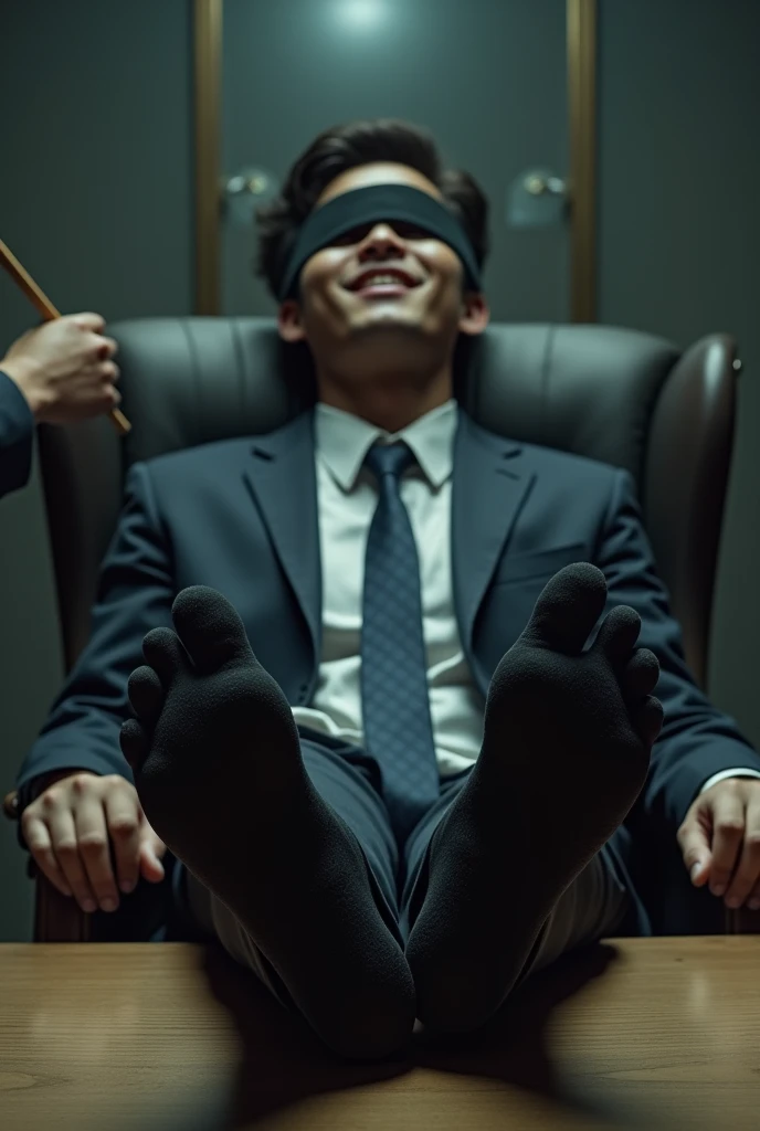 Malay handsome 25 years university student
Get kidnapped
Being tied up on the chair in warehouse and blindfolded
Suit and tie
Bare feet
Black sock feet on desk
5 toes each feet
He's ticklish
Focus on his feet
A man tickle his sock feet
His black sockfeet tickle by feather duster
He laugh