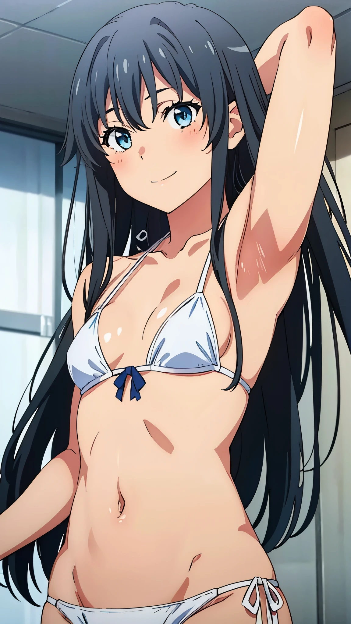 1girl, anime artstyle, masterpiece, highres, solo, 8k, detailed, perfect face, best quality, (ultra high quality), (looking at viewers), (armpit), collarbone, bare arms, bare shoulders, (small breasts), cleavage, black hair, long hair, blue eyes, belly, stomach, navel, abs, micro bikini, white bikini, slim body, slim waist, upper body, closed mouth, smile, blush, at forest