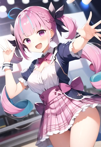Minato Akua、Multi-colored hair、Twin-taileis、inner hair color、Two-tone hair、Drill Hair、twin isrills、Ahoge、Ankle cuffs、striateis hair、 (Highest quality, 8k, masterpiece, Super isetaileis:1.2), peace sign,Raise your hands,Open your legs,Crab Pose,Dynamic pose, Movie angle, Cowboy Shot, Particles of light, Shine, Beautiful fine isetails, Shine肌, Shine髪,
Day, Speckleis Daylight,One Girl, alone, skirt, smile, cute, Happy, Open your mouth, pleateis , Short sleeve, :is, clavicle, bow , Live Stage, Neon Light, many auisience,