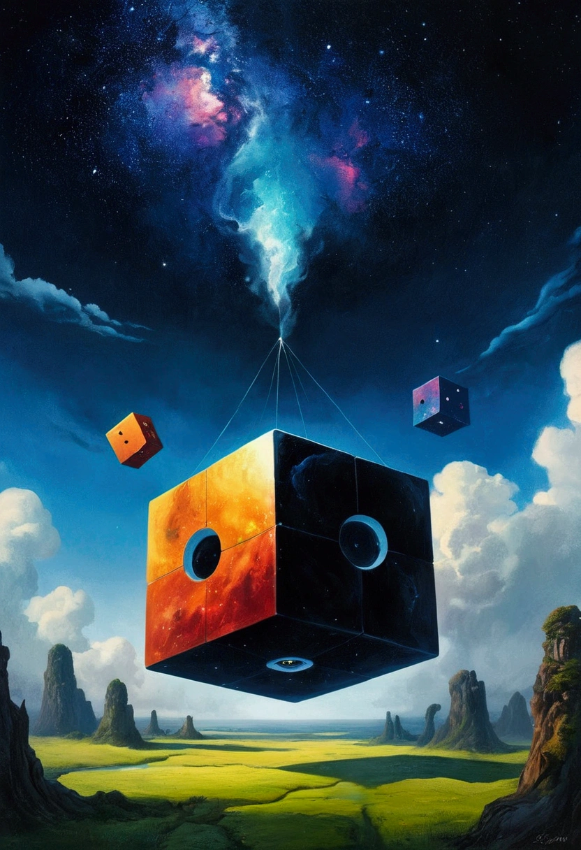 空中漂浮的红色cube， Suspension，weightlessness，the cube, digital art 4k unsettling, Key Art, 4K surrealism, abstract horror, Hyper-realism 8k, sylvain sarrailh 和 igor morski, Horror Surrealism艺术,  creepy surrealism, Horror Surrealism, cube，Galaxy，Colorful black