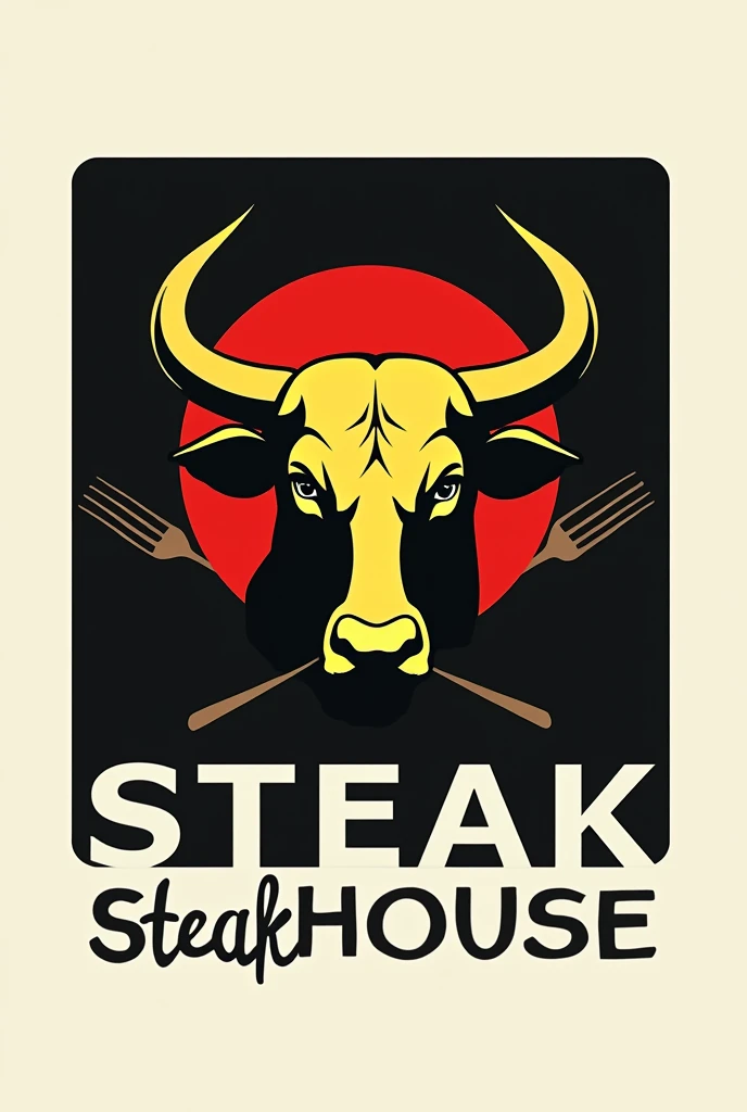 Black square background brand with a red center circle with a cool yellow bull head image with the word steak on top of the bull head, the word house below the bull's chin and a spoon and fork behind the bull head.