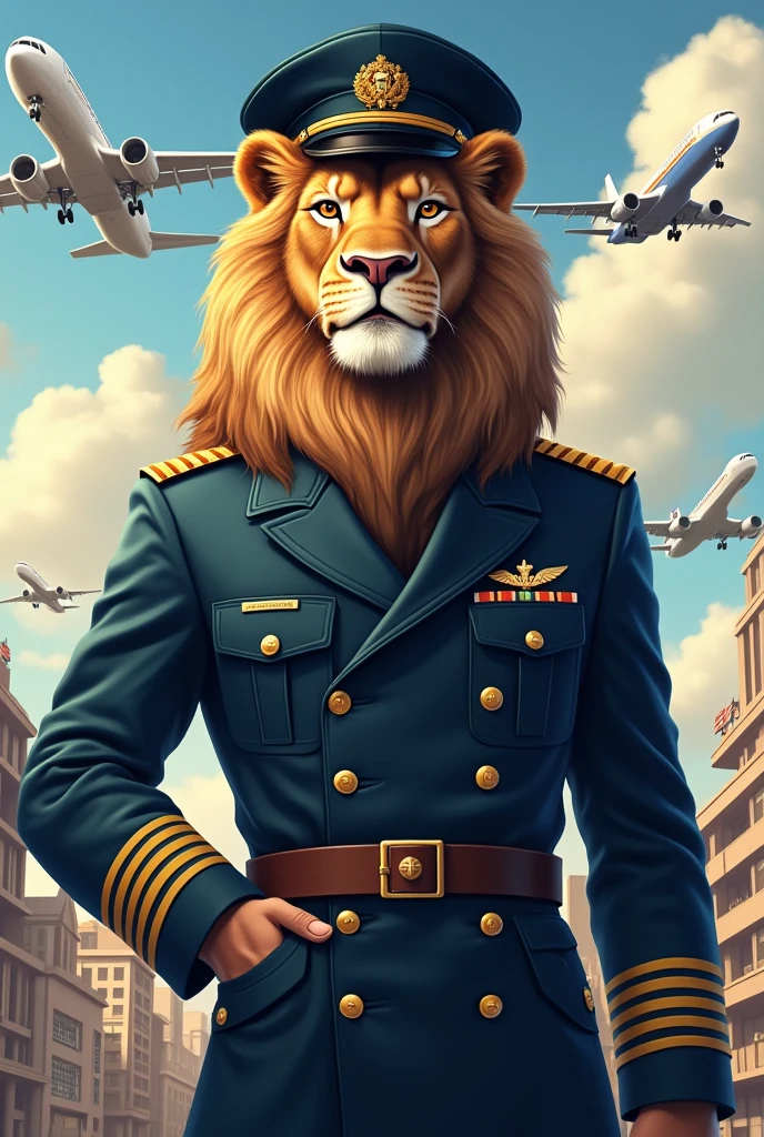 Lion as a pilot wearing a uniform of a pilot suit and trouser background airpot and a flight