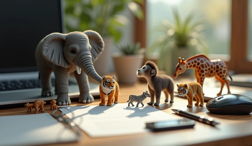 Create an image of an office desk with a realistic setup, including a laptop, mouse, smartphone, writing tools, and scattered sheets of paper. Among these everyday items, place incredibly small, lifelike animals, such as an elephant, tiger, monkey, zebra, and giraffe. The animals should appear as if they are naturally interacting with the office supplies, creating a whimsical yet realistic contrast between the tiny creatures and the typical desk environment.