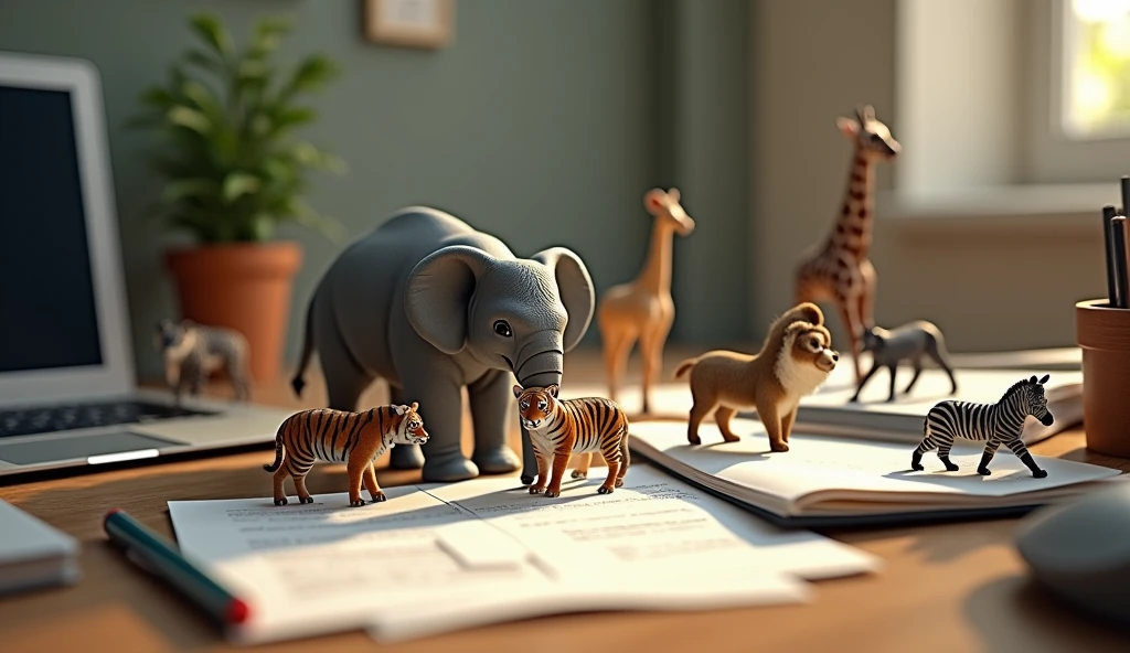 Create an image of an office desk with a realistic setup, including a laptop, mouse, smartphone, writing tools, and scattered sheets of paper. Among these everyday items, place incredibly small, lifelike animals, such as an elephant, tiger, monkey, zebra, and giraffe. The animals should appear as if they are naturally interacting with the office supplies, creating a whimsical yet realistic contrast between the tiny creatures and the typical desk environment.