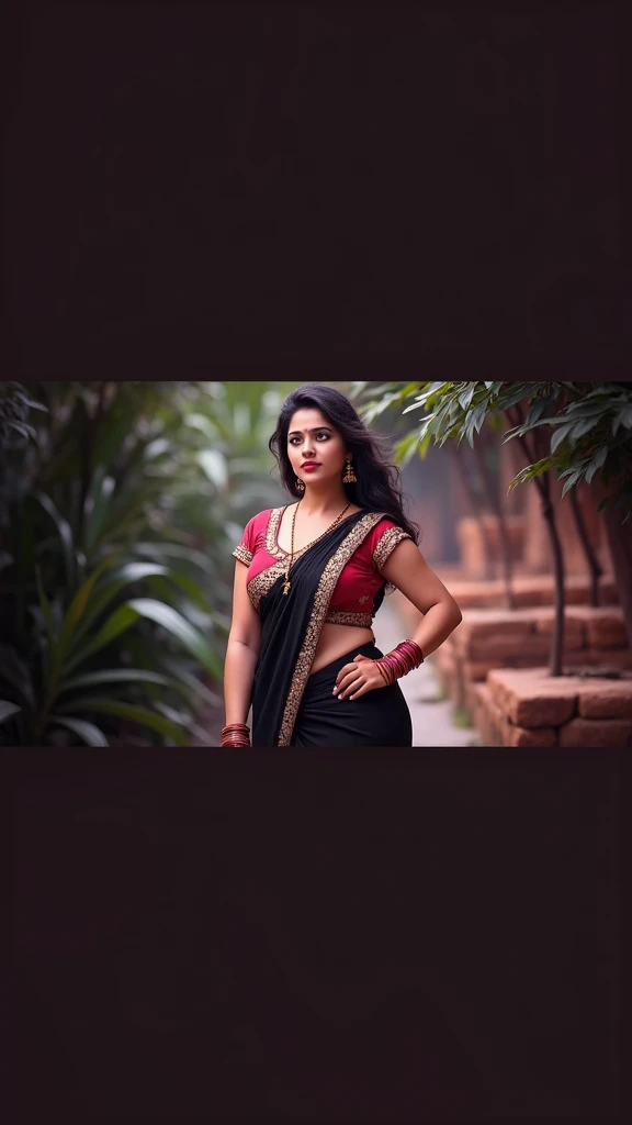 Indian women realistic face detailed, black saree and red blouse, big breasts , over belly, standing in nature 8k detailed 