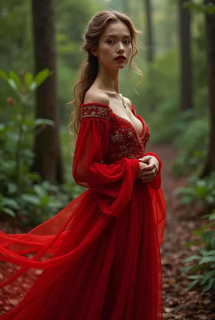 a woman in a red dress standing in a forest, a picture by Max Dauthendey, trending on cg society, renaissance, attractive feminine curves, very beautiful enga style, attractive curves, with lovely look, gorgeous lady, with beautiful colors, gorgeous woman, full body photogenic shot, beautiful full body shot, red clothes, traditional beauty, style of beautiful body