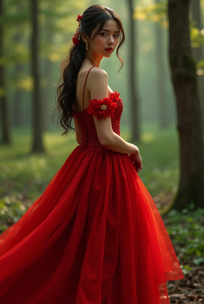 a woman in a red dress standing in a forest, a picture by Max Dauthendey, trending on cg society, renaissance, attractive feminine curves, very beautiful enga style, attractive curves, with lovely look, gorgeous lady, with beautiful colors, gorgeous woman, full body photogenic shot, beautiful full body shot, red clothes, traditional beauty, style of beautiful body