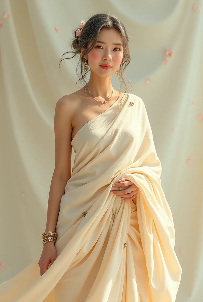 A middle aged girly guy wearing cream colour saree and jewelry 