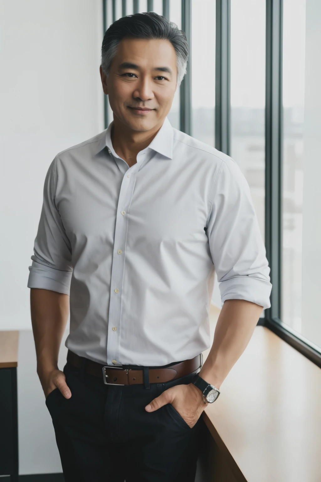 RAW photo, a portrait photo of 40 years handsome man,  casual clothes, standing in the big office, natural skin, 8k uhd, high quality, film grain, Fujifilm XT3