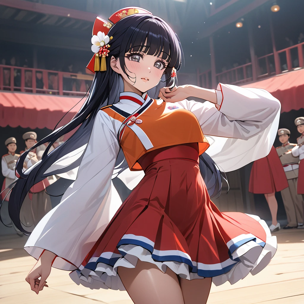 ((Highest quality)), ((masterpiece)), (detailed), （Perfect Face）、The woman is Reika Aoki with semi-long hair、The woman is a member of the North Korean Pleasure Squad and is dancing for the General in a glamorous North Korean dance costume.