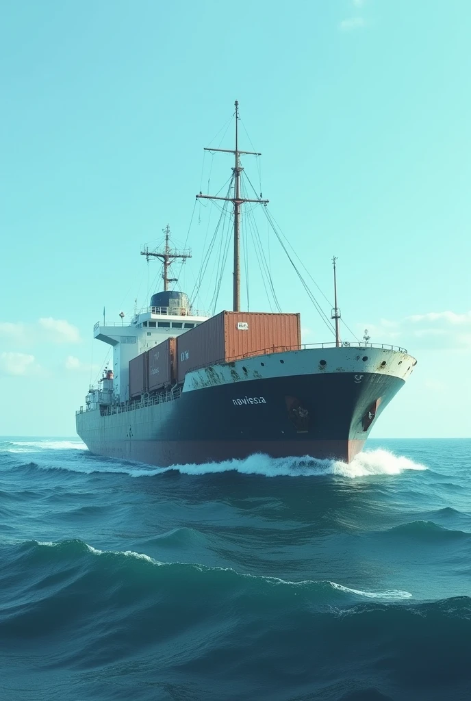 mar,blue sky, ship sailing with broken container on the waves very slowly. The word NaviosCIA appears.