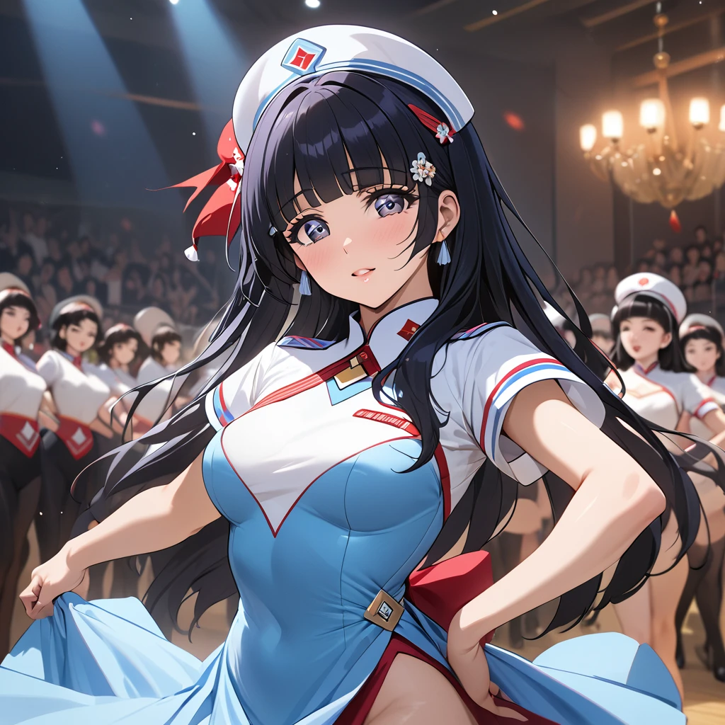 ((Highest quality)), ((masterpiece)), (detailed), (Perfect Face)、The woman is Reika Aoki with semi-long hair、The woman is a member of the North Korean Pleasure Squad and is dancing for the General in a glamorous North Korean dance costume.