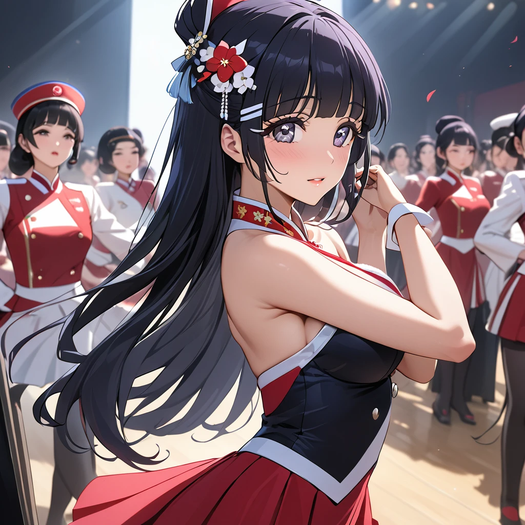 ((Highest quality)), ((masterpiece)), (detailed), (Perfect Face)、The woman is Reika Aoki with semi-long hair、The woman is a member of the North Korean Pleasure Squad and is dancing for the General in a glamorous North Korean dance costume.