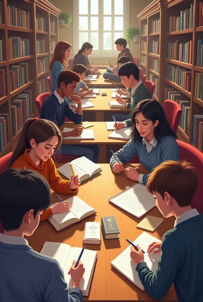 Group some girls some boys in library studying
Making notes reading having discussion