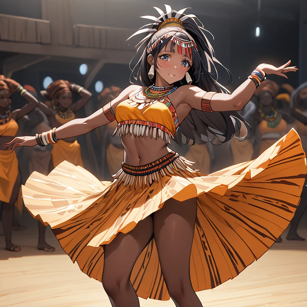 ((Highest quality)), ((masterpiece)), (detailed), （Perfect Face）、The woman is Reika Aoki, a native dancer from Ghana, Africa, with medium-long hair.、A woman is dancing an African native tribal dance in Ghanaian native African tribal dance costume and with a Ghanaian hairstyle