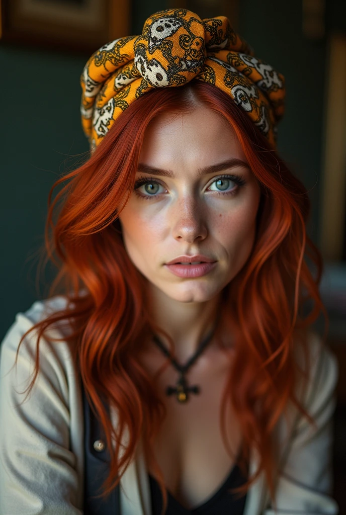 Une femme au cheveux rouge avec un turban en wax douce un peu rock.
Elle est photographe