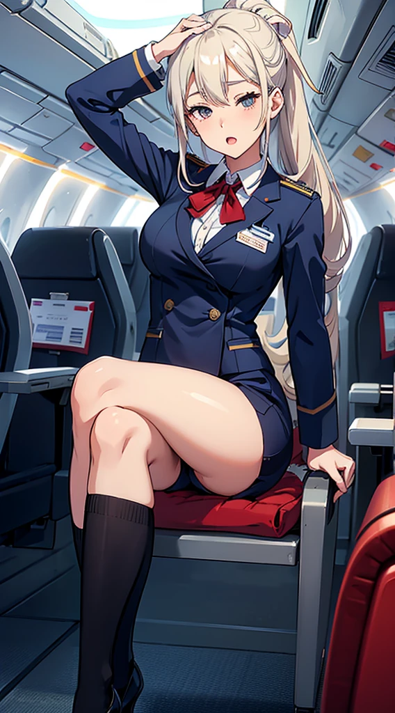 (((Flight attendant winter uniform))), The highest dignity, charisma, Ultra detailed face, Japanese, Droopy eyes, ((sleepy)), Old-fashioned beauty, Put your hair up, Thigh-high stockings, Nameplate, ID card, (whole body), Hit your groin on the edge of a chair, Leg spread, Lift your legs, Showing panties and pubic hair, Open your mouth, Airplane interior background, customer,