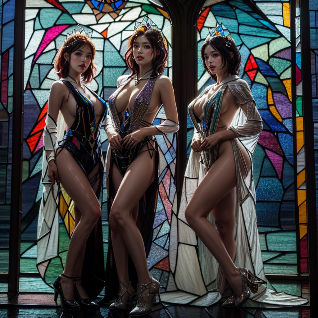 (Graceful Full Body of Extremely Detailed((Sexy Princesses Group in a row:1.37))), KAWAII perfect face with Reflective Eyes, Detailed(Delicate Clothing textures), Correct Graceful Legs, Dynamic Joyful Expressions LifeLike Rendering, Specular Reflection of mirrored floor, TopQuality 8K Ultra-detailed masterpiece (ProfessionalPhoto:1.37), (Acutance:0.8), (Luminism:1.28), (in Stained glasshouse full of light) (((Dazzling Colorful Rays from Elaborate Stainedglass:1.49))), (Full body from side) {Kissing Face to Face|Cute Peach AssFocus|(NakedApron with (Overflowing Sideboob))}, Radiant Fine Skin with Transparency, (Exposed:0.4) {Pink Hair|LightBlue Hair|Blonde|Pure White Hair|Liquid Hair|Red Shoes}, ((Perfect Lighting))