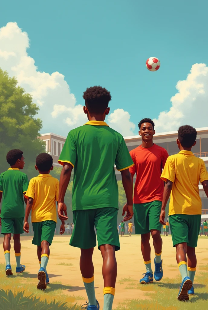 Ethiopian Students at schools wearing green, yellow and red uniform. They are beautiful, some students are playing football at background. They are charming. The school campus is vast.