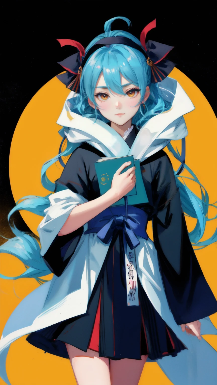 a cartoon of a ghost and a ghost cute girl holding a book, yellow background satoshi, satoshi con, inspired by Kanō Sansetsu, ren xun and maruyama ōkyo, senko-san, bitcoin, ueshiba riichi, bitcoin evil, cryptocurrency, inspired by Kanō Takanobu, neo, portrait of hide the pain harold