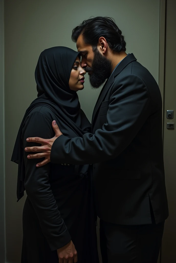 A Muslim guy with full beard taking off clothes of a girl with black burqa and niqab